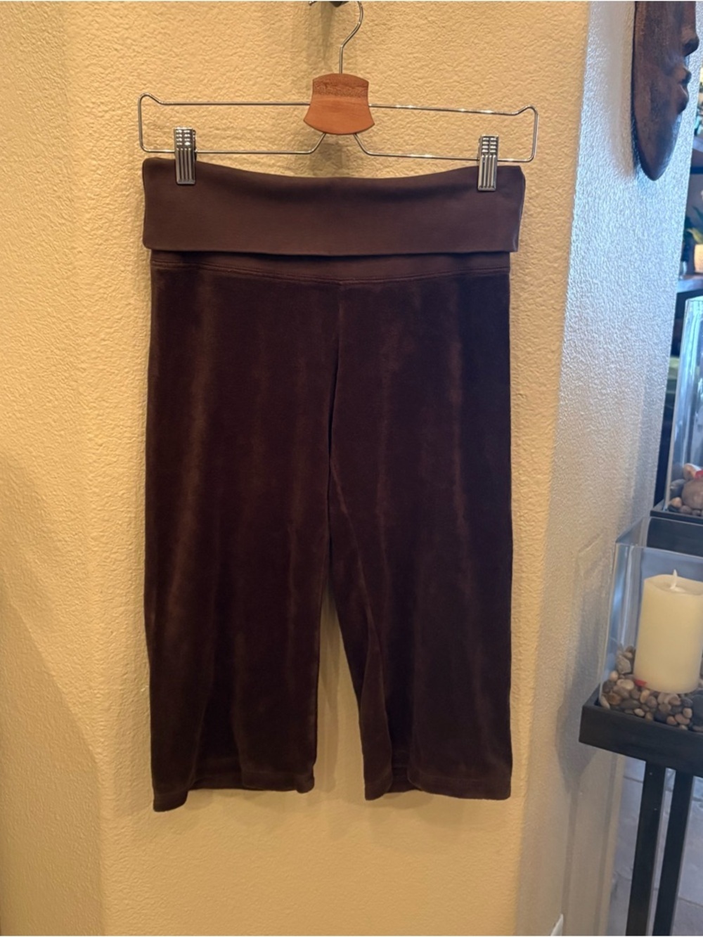 Vintage JUICY COUTURE Brown Velour Fold Over Y2K Capri Pants Size Petite
